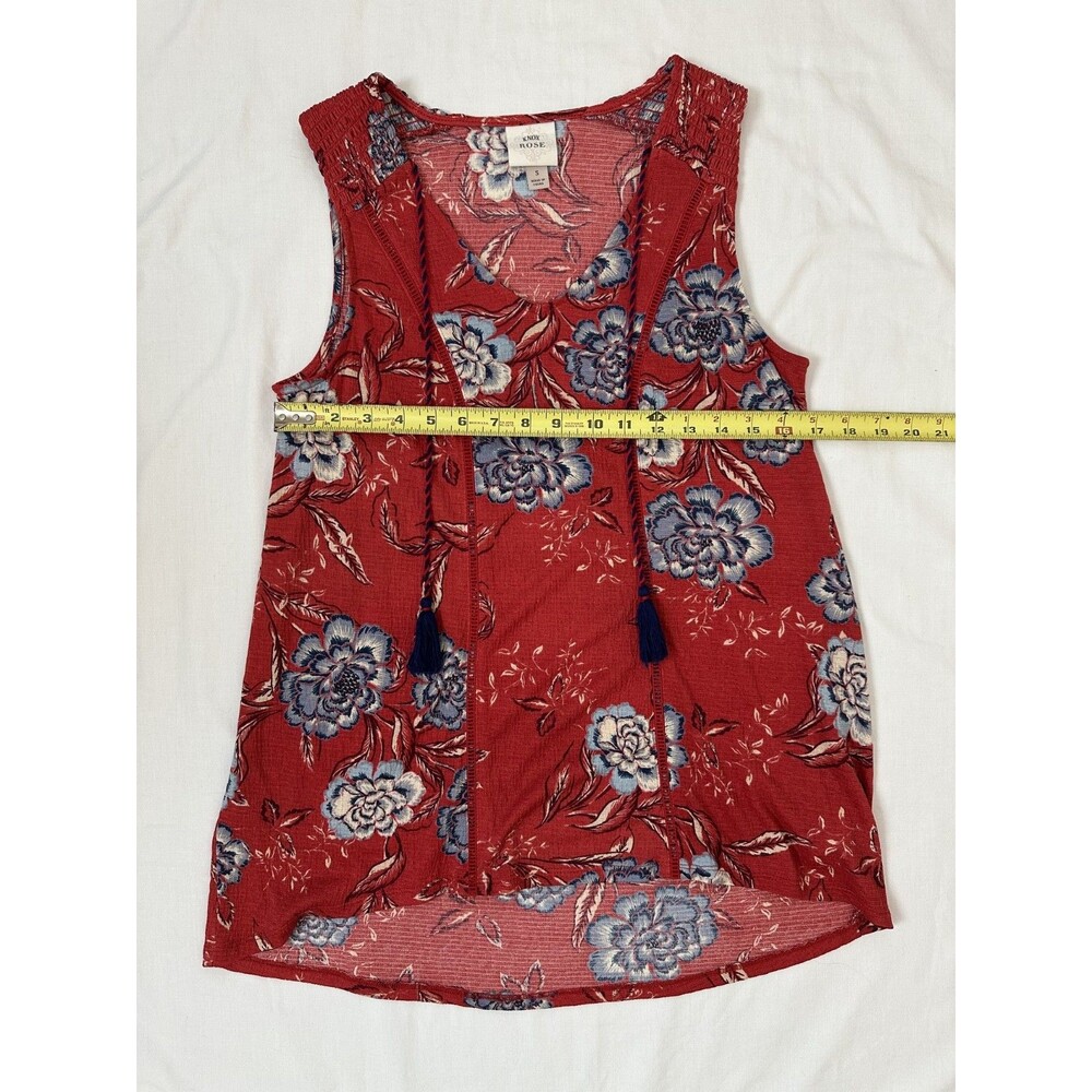 Knox Rose Womens Small Sleeveless V Neck Floral Boho Top Red Tassel Tie Smocked - Picture 5 of 7